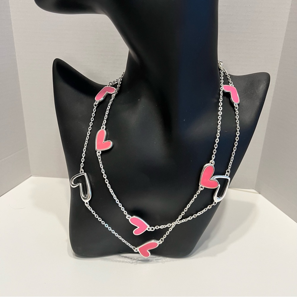 Charming Pink Heart Silver Chain Necklace (NEW!)